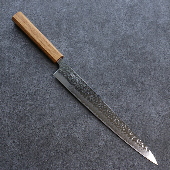 Seisuke Tsukikage AUS10 Migaki Finished Hammered Damascus Sujihiki 270mm Oak Handle - Japanny - Best Japanese Knife
