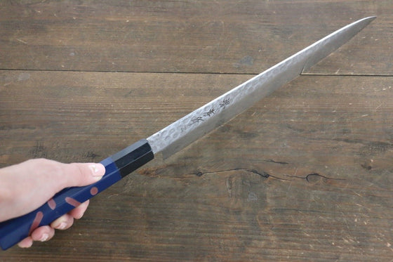 Sakai Takayuki AUS-10 45 Layer Damascus Hammered Sujihiki Japanese Chef Knife 240mm Blue Lacquered Handle With Saya - Japanny - Best Japanese Knife