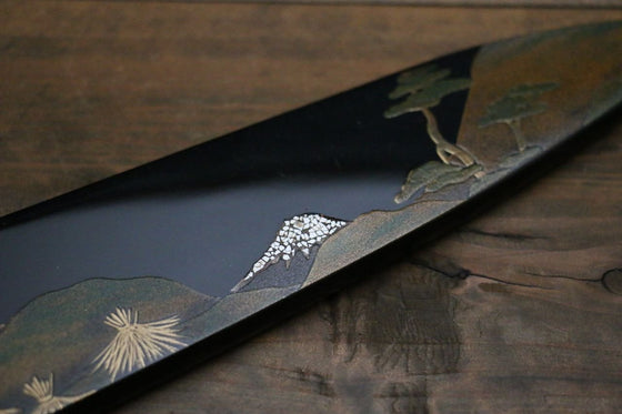 Takeshi Saji Maki-e Art Blue Steel No.2 Colored Damascus Gyuto 240mm Lacquered Handle - Japanny - Best Japanese Knife