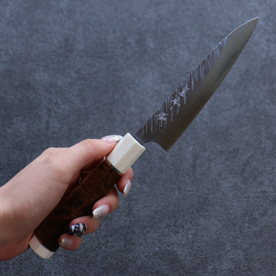Yu Kurosaki Fujin SPG2 Hammered Petty-Utility  120mm Stabilized wood (Birch Burl) Handle - Japanny - Best Japanese Knife