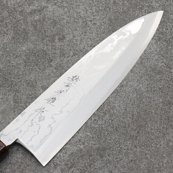 Hideo Kitaoka White Steel No.2 Damascus Mioroshi Deba 195mm Oak with Black Silver Lacquer Handle - Japanny - Best Japanese Knife