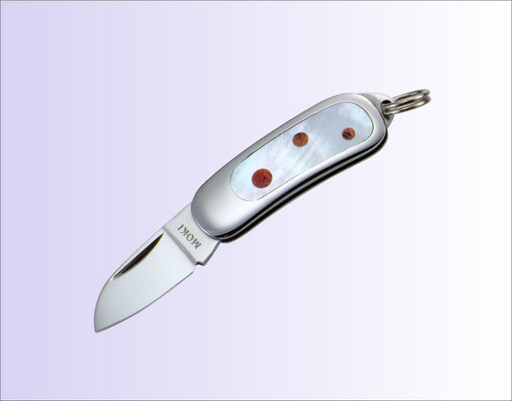 Moki Mini Pendant Pocket Knife w/ White Mother of Pearl and Apple Coral - Japanny - Best Japanese Knife