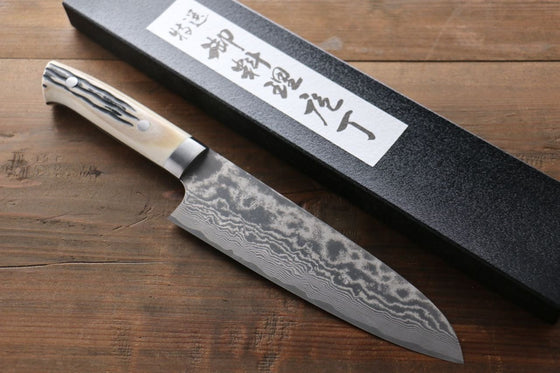 Takeshi Saji VG10 Black Damascus Santoku Japanese Knife 180mm Cow Bone Handle - Japanny - Best Japanese Knife