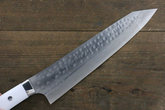 Takeshi Saji SRS13 Hammered Damascus Kengata Gyuto 240mm White Stone Handle - Japanny - Best Japanese Knife