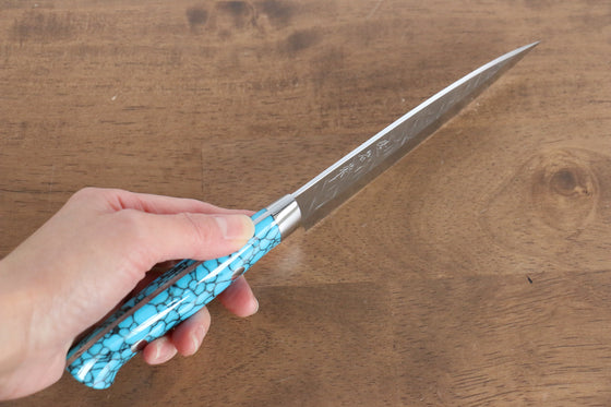 Takeshi Saji SRS13 Hammered Petty-Utility  130mm Blue Turquoise Handle - Japanny - Best Japanese Knife