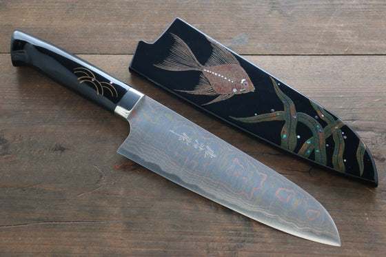 Takeshi Saji Stainless Steel Colored Damascus Santoku  180mm Maki-e Art Fish Handle with Sheath - Japanny - Best Japanese Knife