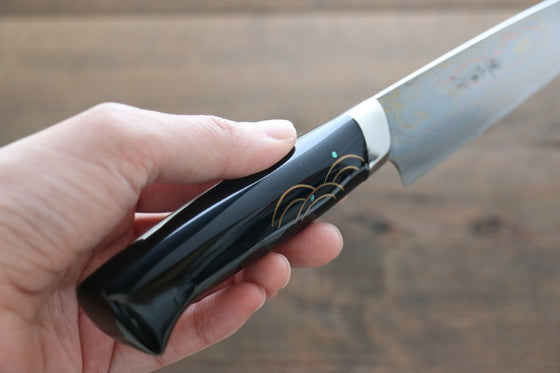 Takeshi Saji Maki-e Art Blue Steel No.2 Colored Damascus Petty-Utility  150mm Lacquered Handle - Japanny - Best Japanese Knife