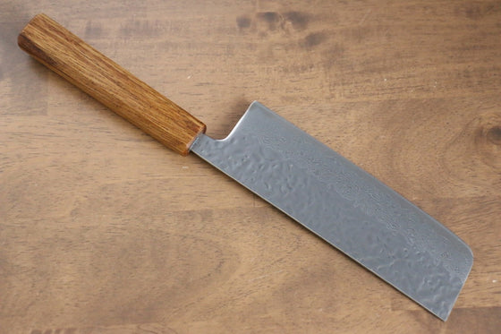 Seisuke Tsukikage AUS10 Migaki Finished Hammered Damascus Nakiri  170mm Oak Handle - Japanny - Best Japanese Knife