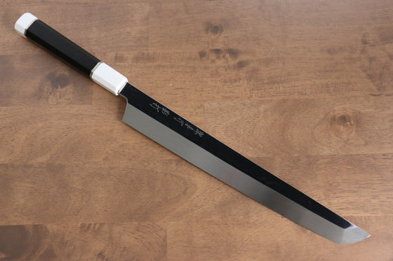 Sakai Takayuki Kageuchi Water Quenching Honyaki White Steel No.2 Mirrored Finish Sakimaru Yanagiba 300mm Ebony with Double Water Buffalo Ring Handle with Sheath - Japanny - Best Japanese Knife