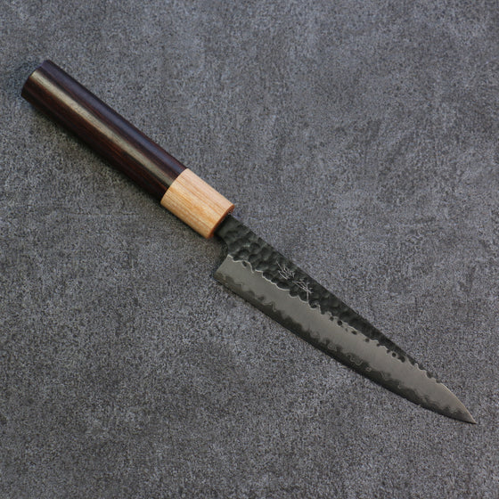 Seisuke Shitan Blue Super Hammered Kurouchi Petty-Utility 135mm Shitan Handle - Japanny - Best Japanese Knife