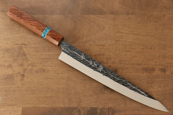 Yu Kurosaki Raijin Cobalt Special Steel Hammered Sujihiki  240mm Maple(With turquoise ring Brown) Handle - Japanny - Best Japanese Knife