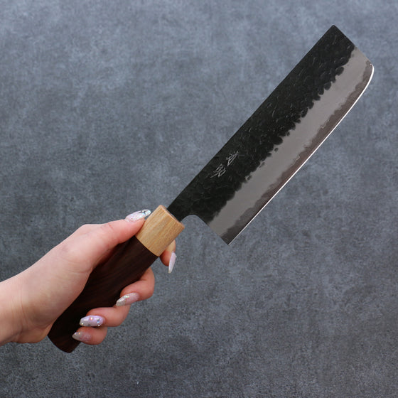 Seisuke Shitan Blue Super Hammered Kurouchi Nakiri 165mm Shitan Handle - Japanny - Best Japanese Knife