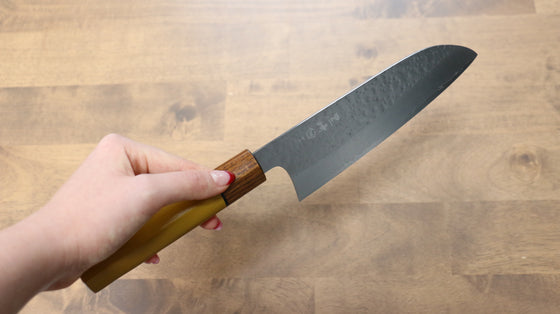 Makoto Kurosaki SPG2 Hammered (Maru) Santoku 165mm Yellow Lacquered Enju Handle - Japanny - Best Japanese Knife