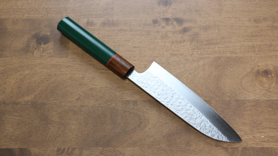 Makoto Kurosaki SPG2 Hammered (Maru) Santoku 165mm Green Lacquered Enju Handle - Japanny - Best Japanese Knife