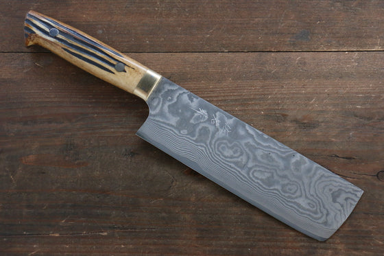 Takeshi Saji VG10 Black Damascus Nakiri Japanese Knife 170mm Brown Cow Bone Handle - Japanny - Best Japanese Knife