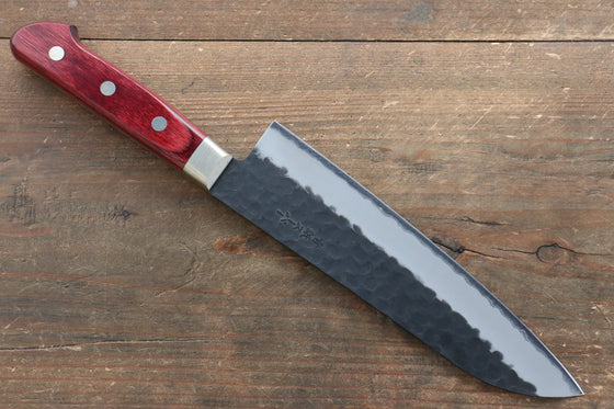 Seisuke Kurobeni Blue Super Hammered Kurouchi Santoku 185mm Red Pakka wood Handle - Japanny - Best Japanese Knife
