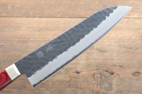 Seisuke Kurobeni Blue Super Hammered Kurouchi Santoku Japanese Knife 185mm Red Pakka wood Handle - Japanny - Best Japanese Knife