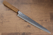 Seisuke Tsukikage AUS10 Migaki Finished Hammered Damascus Sujihiki 240mm Oak Handle - Japanny - Best Japanese Knife