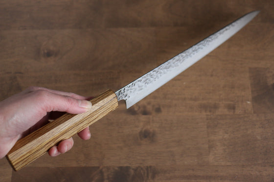 Seisuke Tsukikage AUS10 Migaki Finished Hammered Damascus Sujihiki 240mm Oak Handle - Japanny - Best Japanese Knife