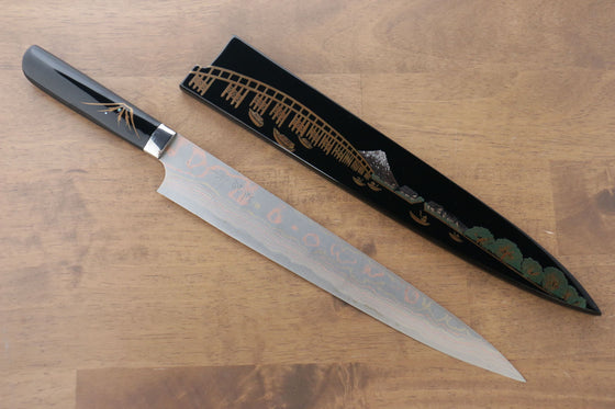Takeshi Saji Blue Steel No.2 Colored Damascus Sujihiki Japanese Knife 270mm Lacquered Handle with Sheath - Japanny - Best Japanese Knife