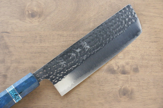 Yu Kurosaki Senko R2/SG2 Hammered Nakiri Japanese Knife 165mm Maple(With turquoise ring Blue) Handle - Japanny - Best Japanese Knife