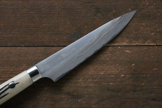 Takeshi Saji Blue Super Migaki Finished Damascus Petty-Utility 135mm White Cow Bone Handle - Japanny - Best Japanese Knife