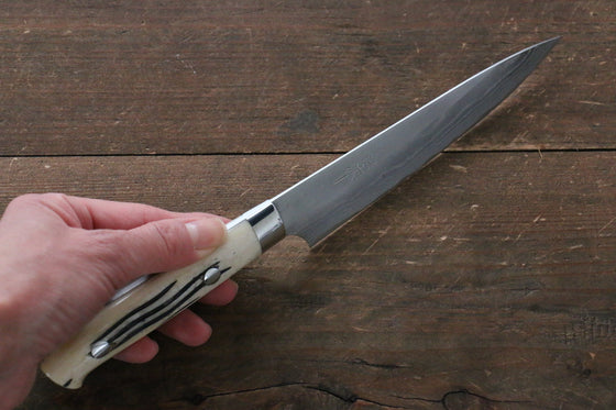 Takeshi Saji Blue Super Migaki Finished Damascus Petty-Utility 135mm White Cow Bone Handle - Japanny - Best Japanese Knife