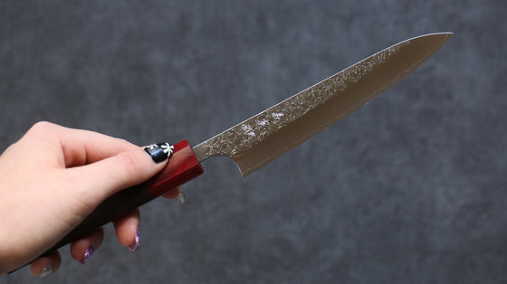 Yoshimi Kato Minamo R2/SG2 Hammered Petty-Utility  150mm Shitan (ferrule: Red Pakka wood) Handle - Japanny - Best Japanese Knife
