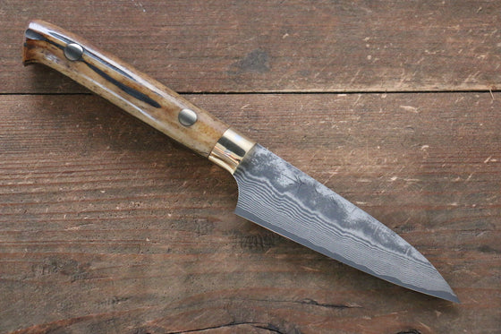 Takeshi Saji VG10 Black Damascus Petty-Utility Japanese Knife 90mm Brown Cow Bone Handle - Japanny - Best Japanese Knife
