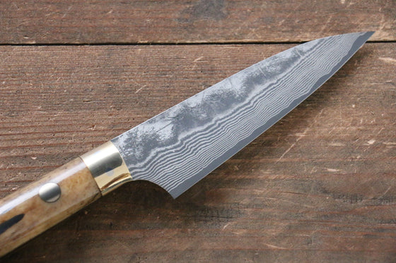 Takeshi Saji VG10 Black Damascus Petty-Utility Japanese Knife 90mm Brown Cow Bone Handle - Japanny - Best Japanese Knife