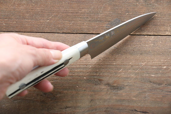Takeshi Saji Blue Steel No.2 Colored Damascus Petty-Utility Japanese Knife 90mm White Cow Bone Handle - Japanny - Best Japanese Knife