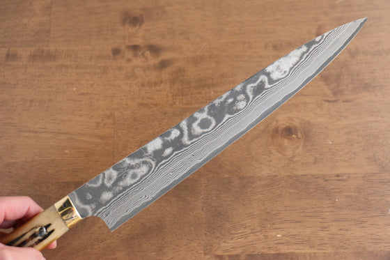 Takeshi Saji VG10 Black Damascus Sujihiki 270mm Brown Cow Bone Handle - Japanny - Best Japanese Knife
