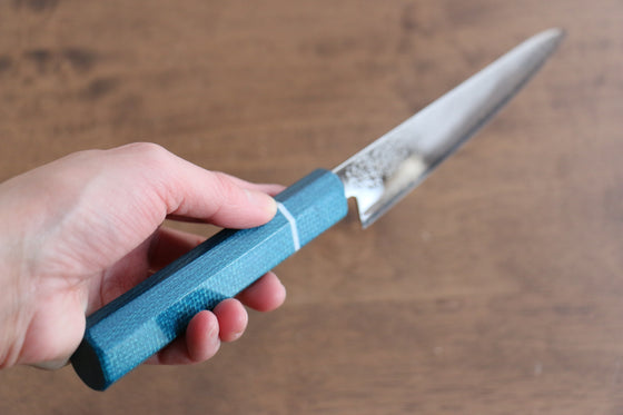 Seisuke VG5 Nashiji black dye Petty-Utility 150mm Blue Canvas Micarta Handle - Japanny - Best Japanese Knife
