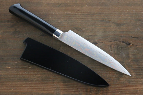 Takeshi Saji Maki-e Art Blue Steel No.2 Colored Damascus Maki-e Art Fujisan Petty-Utility 135mm Lacquered Handle - Japanny - Best Japanese Knife