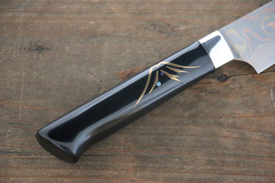 Takeshi Saji Maki-e Art Blue Steel No.2 Colored Damascus Maki-e Art Fujisan Petty-Utility 135mm Lacquered Handle - Japanny - Best Japanese Knife