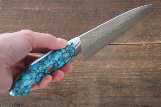 Takeshi Saji R2/SG2 Diamond Finish Damascus Petty-Utility Japanese Knife 130mm Blue Turquoise (Nomura Style) Handle - Japanny - Best Japanese Knife