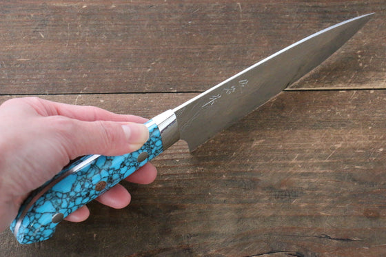 Takeshi Saji R2/SG2 Diamond Finish Damascus Petty-Utility Japanese Knife 130mm Blue Turquoise (Nomura Style) Handle - Japanny - Best Japanese Knife