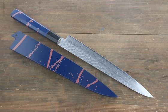 Sakai Takayuki AUS-10 45 Layer Damascus Hammered Sujihiki Japanese Chef Knife 240mm Blue Lacquered Handle With Saya - Japanny - Best Japanese Knife