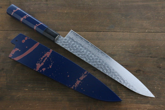 Sakai Takayuki AUS10 45 Layer Damascus Hammered Gyuto 240mm Blue Lacquered Handle with Sheath - Japanny - Best Japanese Knife