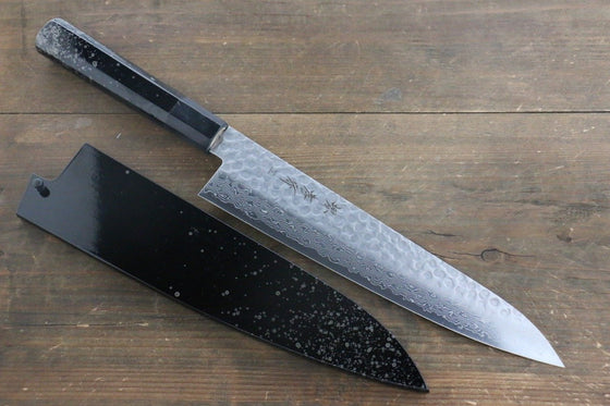 Sakai Takayuki AUS10 45 Layer Damascus Hammered Gyuto 240mm Silver Dots Lacquered Handle with Sheath - Japanny - Best Japanese Knife