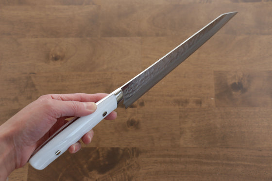 Takeshi Saji SRS13 Hammered Damascus Sujihiki 240mm White Stone Handle - Japanny - Best Japanese Knife