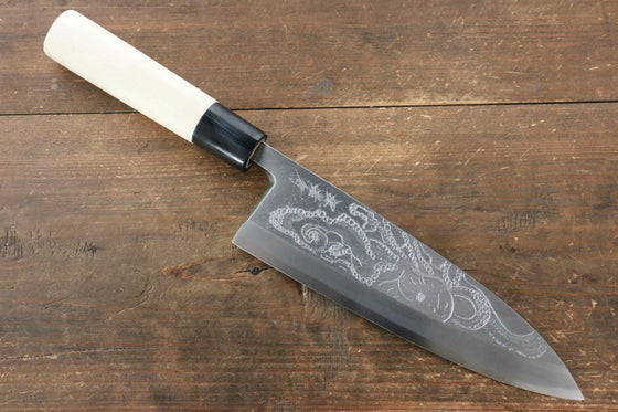 Sakai Takayuki Kasumitogi White Steel Octopus engraving Deba  Magnolia Handle - Japanny - Best Japanese Knife