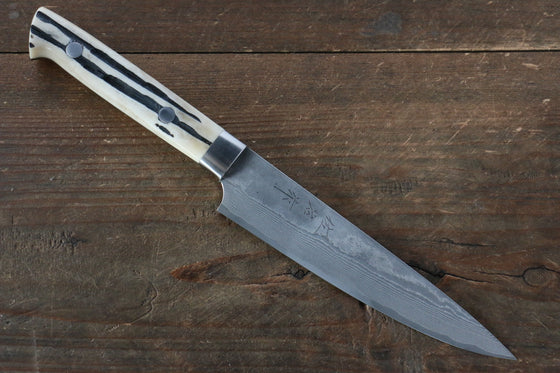 Takeshi Saji VG10 Black Damascus Petty-Utility 135mm Cow Bone Handle - Japanny - Best Japanese Knife