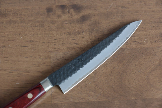 Seisuke Blue Super Hammered Kurouchi Petty-Utility 135mm Red Pakka wood Handle - Japanny - Best Japanese Knife