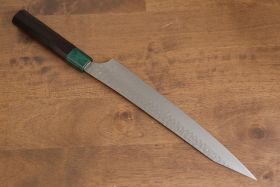 Yu Kurosaki Senko Ei R2/SG2 Hammered Sujihiki Japanese Knife 240mm Shitan (ferrule: Green Pakka wood) Handle - Japanny - Best Japanese Knife