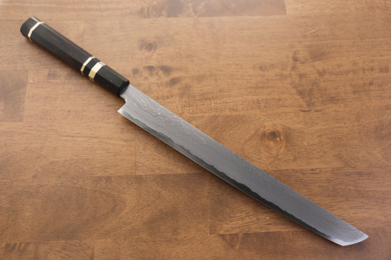 Jikko Blue Steel Damascus Sakimaru Sujihiki 300mm Ebony with Double Ring Handle - Japanny - Best Japanese Knife