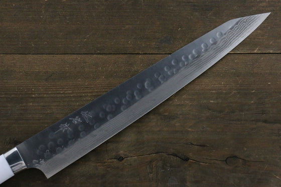 Takeshi Saji SRS13 Hammered Damascus Sujihiki Japanese Knife 270mm White Stone Handle - Japanny - Best Japanese Knife