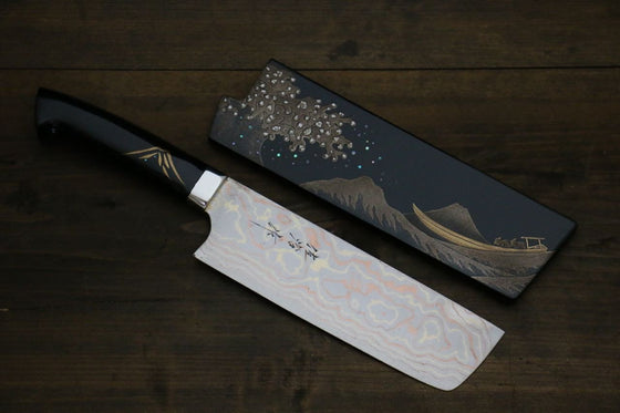 Takeshi Saji Maki-e Art Blue Steel No.2 Colored Damascus Maki-e Art Fujisan Nakiri 180mm Lacquered Handle - Japanny - Best Japanese Knife