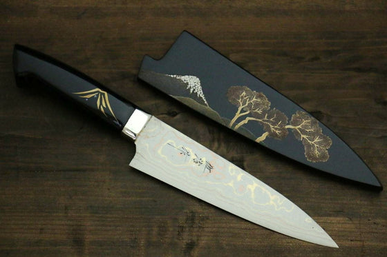 Takeshi Saji Maki-e Art Blue Steel No.2 Colored Damascus Petty-Utility 150mm Lacquered Handle - Japanny - Best Japanese Knife